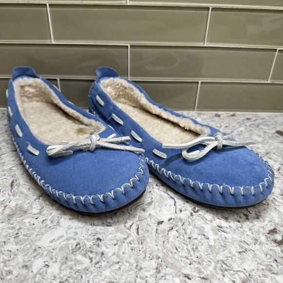 LL Bean Hearthside Sherpa Lined Blue Suede Moccasin Slippers - Picture 1 of 9